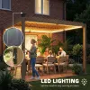 10' x 10' Louvered Pergola with Solar LED lights, Metal Roof, Outdoor Pergola Patio Gazebo with Drainage Gutters, Brown