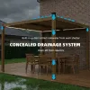 10' x 10' Louvered Pergola with Solar LED lights, Metal Roof, Outdoor Pergola Patio Gazebo with Drainage Gutters, Brown