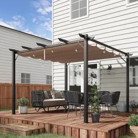 10' x 10' Outdoor Retractable Pergola Canopy, Aluminum Patio Pergola, Backyard Shade Shelter for Porch Party, Garden, Grill Gazebo - Brown