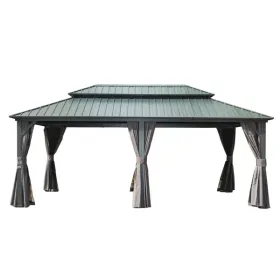 12' X 20' Hardtop Gazebo, Aluminum Metal Gazebo with Galvanized Steel Double Roof Canopy, Curtain and Netting, Permanent Gazebo Pavilion for Pati