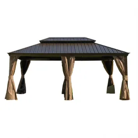12'x18' Hardtop Gazebo, Outdoor Aluminum Frame Canopy with Galvanized Steel Double Roof, (Brown)