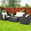 4 Pieces Patio Rattan Conversation Set with Padded Cushion