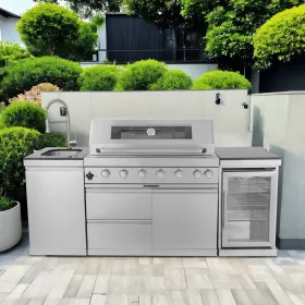 44-Inch 6-Burner 85000 BTU Deluxe Stainless Steel Gas Outdoor Kitchen Bar Barbecue Island Grill + Wine Cooler Compact Refrigerator