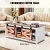 48" Farmhouse Coffee Table, Rectangle Coffee Table with 2 Sliding Barn Doors, 2 Tiers Wooden Rustic Table with Removable Shelves