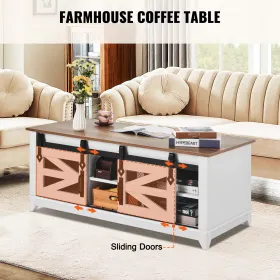 48" Farmhouse Coffee Table, Rectangle Coffee Table with 2 Sliding Barn Doors, 2 Tiers Wooden Rustic Table with Removable Shelves