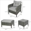 5-Piece Rattan Wicker Outdoor Patio Conversation Set Gray/Light Gray with Cushioned Chairs Ottomans And Tempered Glass Coffee Table