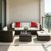 6 Piece Set PE Rattan Wicker Sectional Sofa with Ottoman Tempered Glass Table Mixed Brown & Cream White All-Weather Cushioned Conversation Set