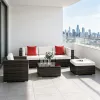 6 Piece Set PE Rattan Wicker Sectional Sofa with Ottoman Tempered Glass Table Mixed Brown & Cream White All-Weather Cushioned Conversation Set