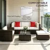 6 Piece Set PE Rattan Wicker Sectional Sofa with Ottoman Tempered Glass Table Mixed Brown & Cream White All-Weather Cushioned Conversation Set