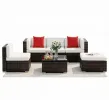 6 Piece Set PE Rattan Wicker Sectional Sofa with Ottoman Tempered Glass Table Mixed Brown & Cream White All-Weather Cushioned Conversation Set