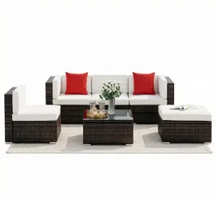 6 Piece Set PE Rattan Wicker Sectional Sofa with Ottoman Tempered Glass Table Mixed Brown & Cream White All-Weather Cushioned Conversation Set