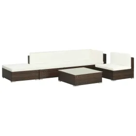 6 Piece Patio Lounge Set Poly Rattan Brown with Cream White Cushions
