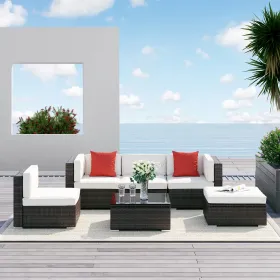 6-Piece White Rattan Couch Set, Outdoor Patio Wicker Furniture with Removable Cushions & Glass Coffee Table