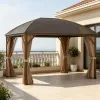 Brown 10' X 13' Hardtop Gazebo Pavilion with Curtains And Netting Steel Roof Ceiling Hook for Garden Patio