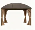 Brown 10' X 13' Hardtop Gazebo Pavilion with Curtains And Netting Steel Roof Ceiling Hook for Garden Patio
