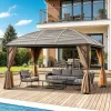 Brown 10' X 13' Hardtop Gazebo Pavilion with Curtains And Netting Steel Roof Ceiling Hook for Garden Patio