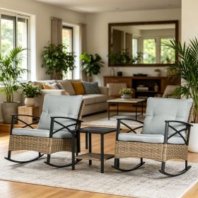 Light Gray 3 Piece Patio Rocking Chair Set Outdoor Wicker Bistro with Oversize Cushioned Rockers And 2 Tier Coffee Table for Garden Backyard