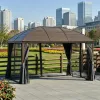Grey 10'X 13' Hard Top Pavilion with Curtains and Grid Steel Roof Ceiling Courtyard Outdoor Entertainment Area