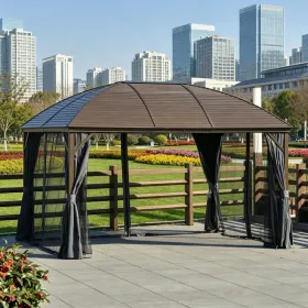 Grey 10'X 13' Hard Top Pavilion with Curtains and Grid Steel Roof Ceiling Courtyard Outdoor Entertainment Area