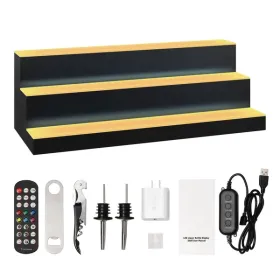 LED Lighted Liquor Bottle Display, 3 Tiers 30 Inch Commercial Illuminated Home Bar Shelf, 3 Steps Whiskey Rack Stand