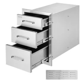 Flush Mount Triple Access BBQ Drawers Stainless Steel with Handle, BBQ Island Drawers for Outdoor Kitchens or Patio Grill Station