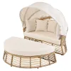 Outdoor Patio Rattan Round Daybed with Retractable Canopy, with Removable Cushions