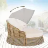 Outdoor Patio Rattan Round Daybed with Retractable Canopy, with Removable Cushions