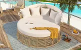 Outdoor Patio Rattan Round Daybed with Retractable Canopy, with Removable Cushions