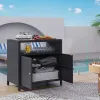 Outdoor Storage Cabinet with Acacia Wood Top, Two Doors, Shelf, Wicker Bar Table for Pool Towel Storage, Black