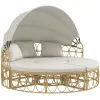 Patio Furniture Set, Round Outdoor Daybed with Retractable Canopy, Hollow Wicker PE Rattan Sectional Sofa with Cushions for Pool, Lawn, Beige