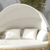 Patio Furniture Set, Round Outdoor Daybed with Retractable Canopy, Hollow Wicker PE Rattan Sectional Sofa with Cushions for Pool, Lawn, Beige