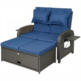 Patio Rattan Daybed, Wicker Outdoor Daybed with Storage Ottoman, Loveseat w/ Adjustable Backrest, Side Tables, Navy Blue
