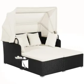 Patio Rattan Daybed with Retractable Canopy and Side Tables