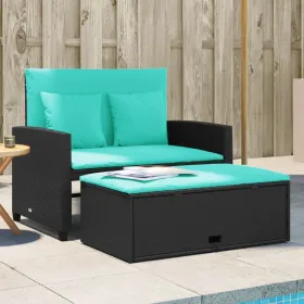 2-Seater Black Poly Rattan Patio Sofa with Cushions