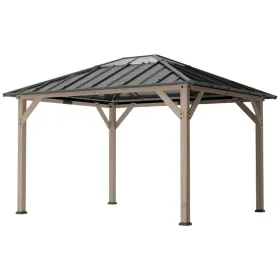 12' x 10' Light Walnut Wood Hardtop Gazebo Pavilion