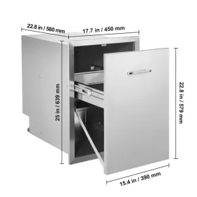 Pull Out Trash Drawer 17.7x22.8 Inch Raised Style Trash Bin with Pull-Out Tray Stainless Steel Trash Drawer with Handle for Outdoor Kitchen BBQ Island