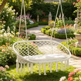 White 2-Person Hammock Chair Macrame Swing with Soft Cushion Hanging Cotton Rope Chair for Indoor Outdoor Home Patio Backyard