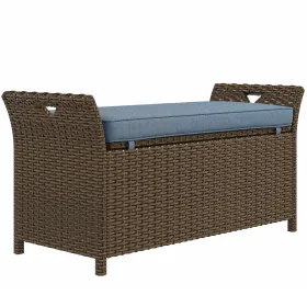 Wicker Patio Storage Bench with Cushion Top, Dark Blue, Outdoor Seating & Storage Solution