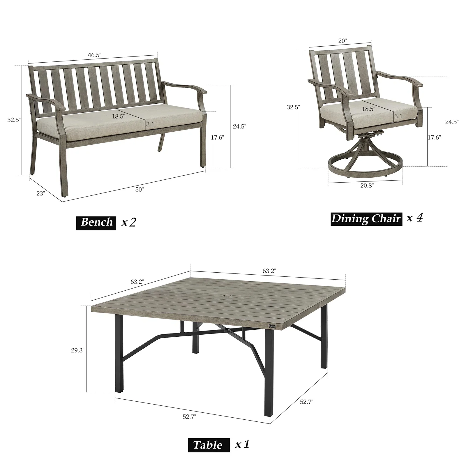 Peakhome Azur Outdoor Square Dining Table Set For 8-Person dimensions diagram