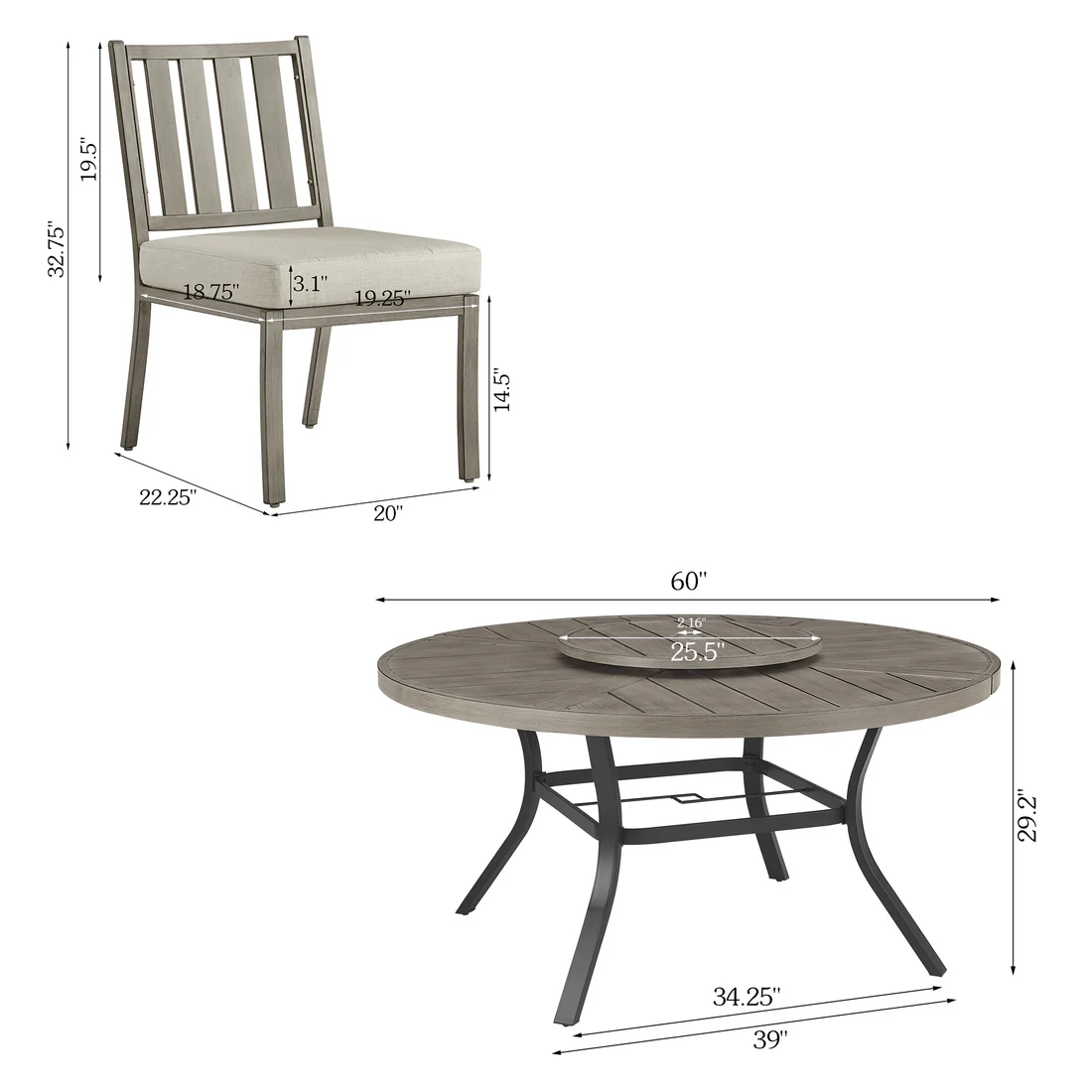 Peakhome Azur Patio Round Dining Table Sets With Armless
