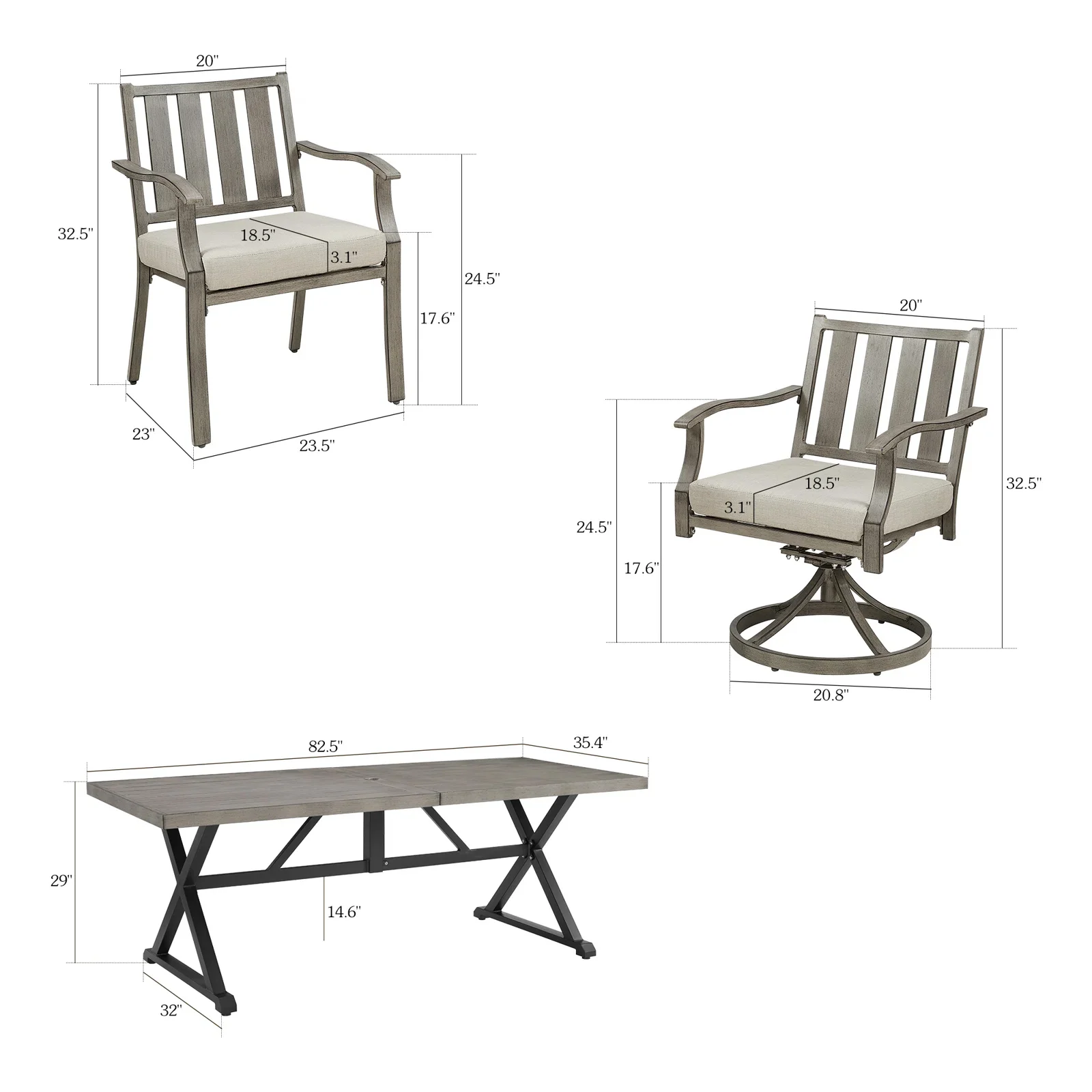 Peakhome Azur Rectangular Outdoor Dining Set dimensions diagram