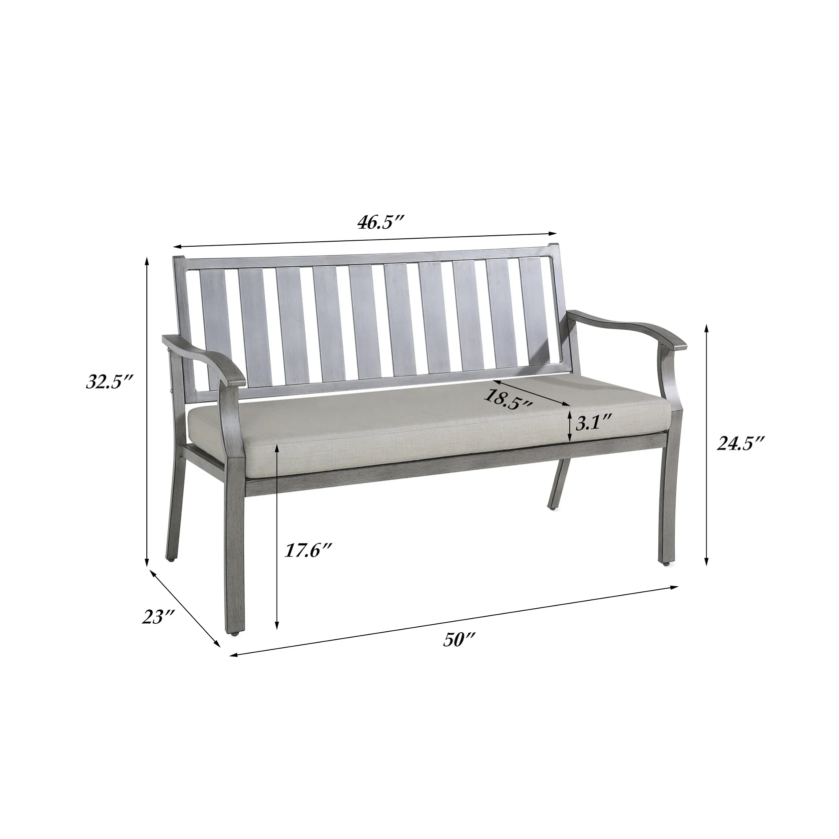 Peakhome Azur Patio Aluminum Bench With Sunbrella® Cushions dimensions diagram