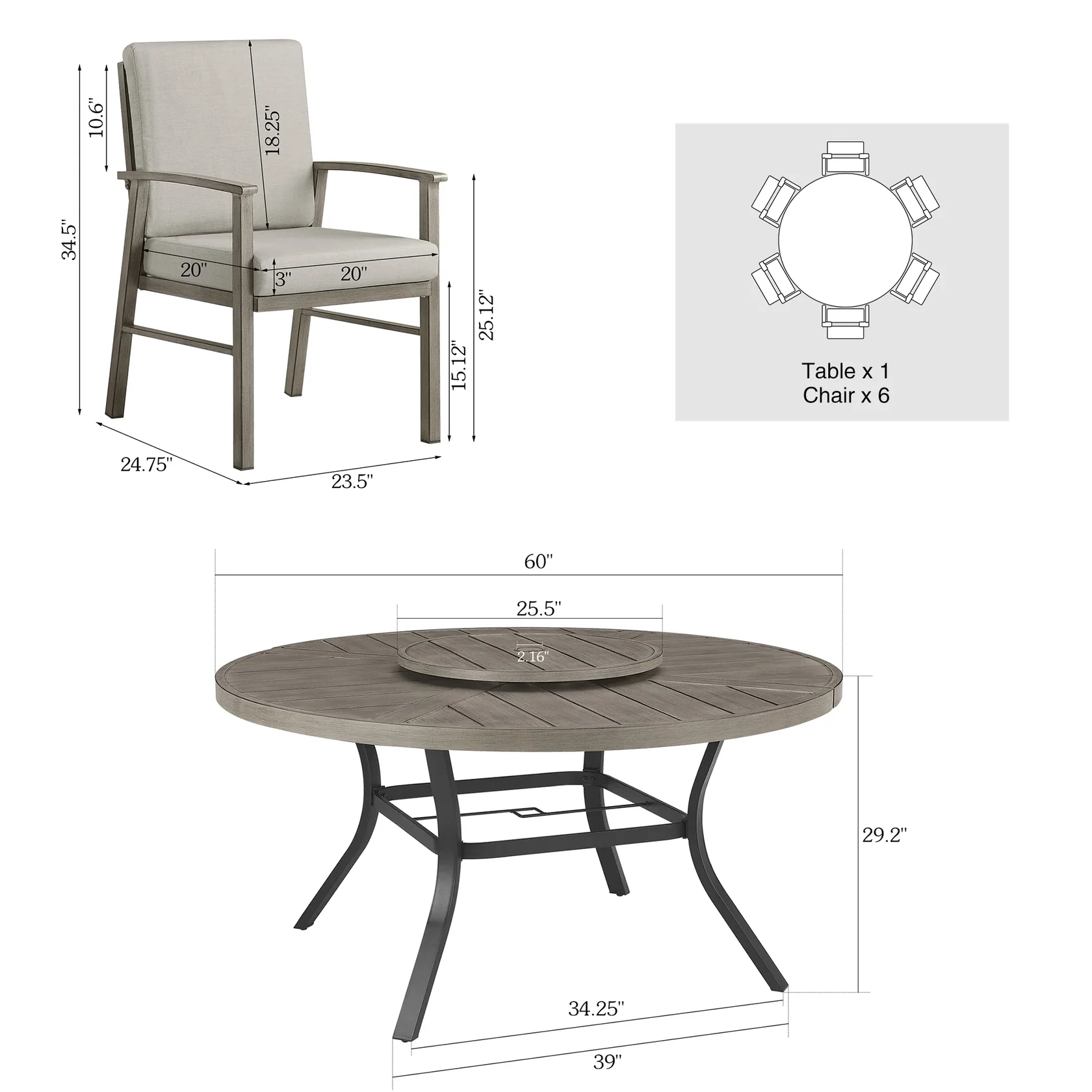 Peak Home Amario Round Outdoor Dining Set With Fixed Chair dimensions diagram