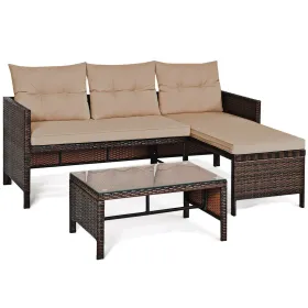 3 Pieces Patio Corner Rattan Sofa Set (Color: Beige)