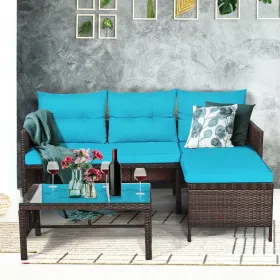 3 Pieces Patio Corner Rattan Sofa Set (Color: Turquoise)
