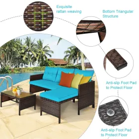 3 Pieces Patio Corner Rattan Sofa Set (Color: Turquoise)