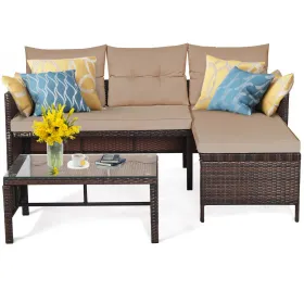 3 Pieces Patio Corner Rattan Sofa Set (Color: Beige)