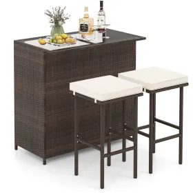 3 Pieces Outdoor Rattan Wicker Bar Set with 2 Cushions Stools (Color: Beige)