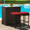 3 Pieces Outdoor Rattan Wicker Bar Set with 2 Cushions Stools