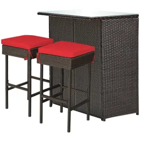 3 Pieces Outdoor Rattan Wicker Bar Set with 2 Cushions Stools (Color: Red)